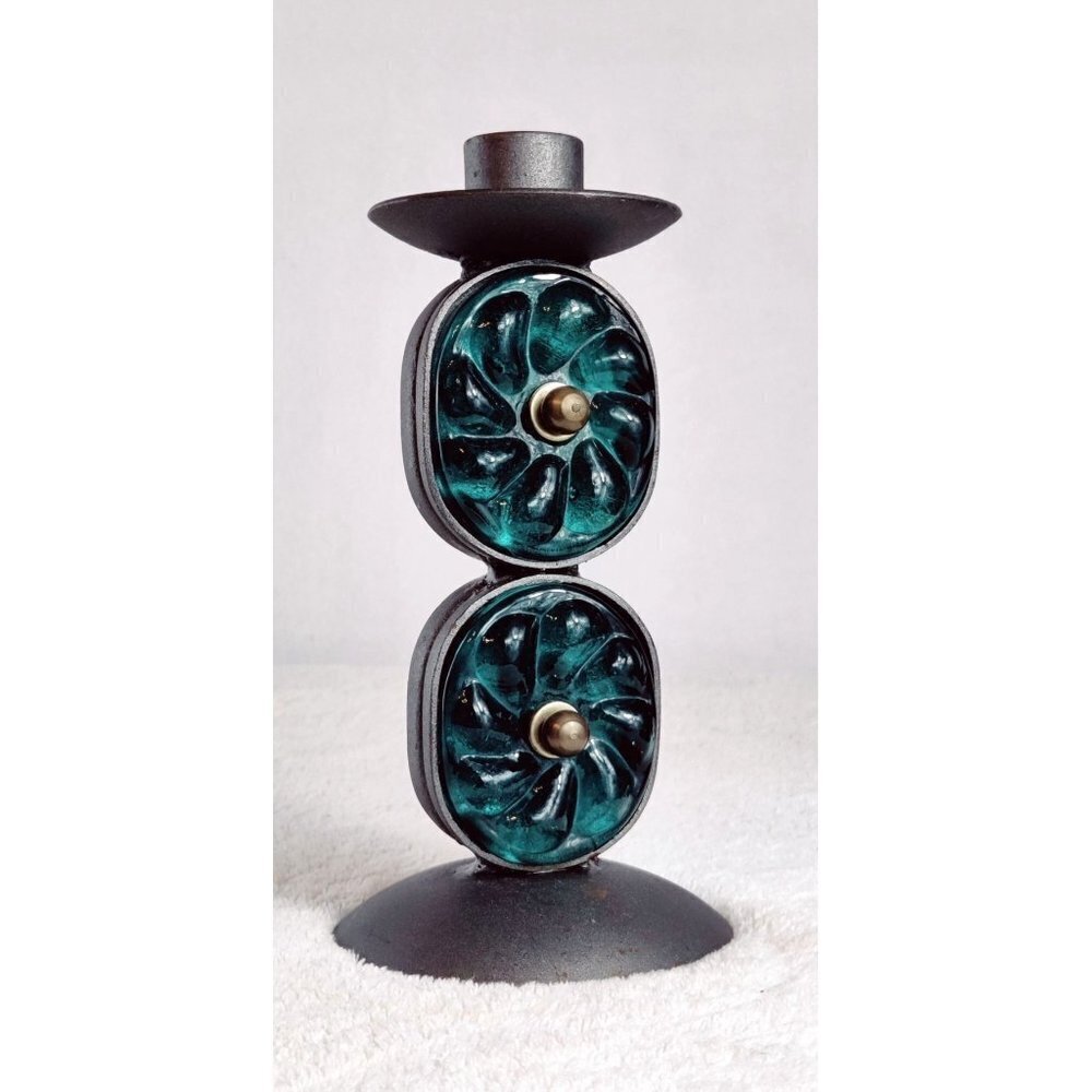 Candle Holder Stick Hand Blown Glass Forest Green Metal Gray India Boho Decor 7"